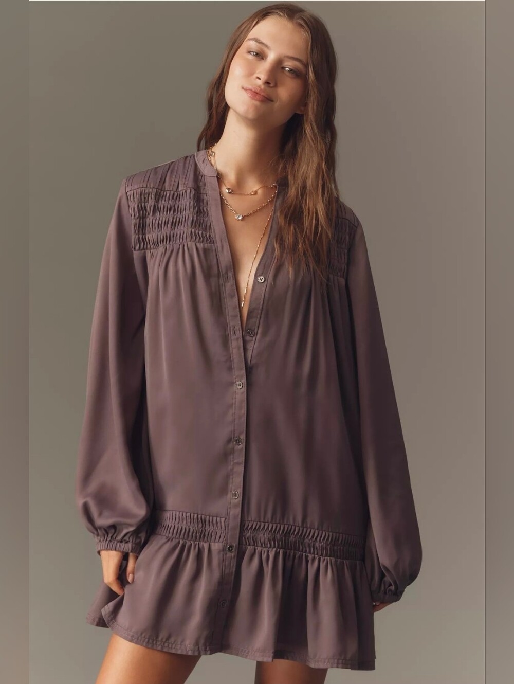Pilcro Anthropologie Long Sleeve V-Neck Mini Shirt Dress 1X Purple Smocked